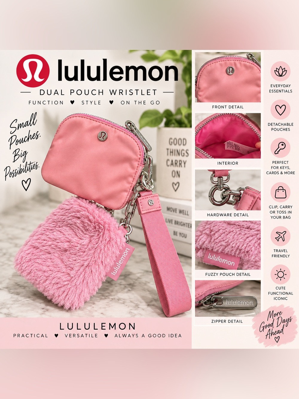 lululemon Dual Pouch Wristlet Plush Fleece Pink Silver OS